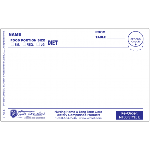 N100E Plastex Dietary Tray Cards with Pre attached laminate